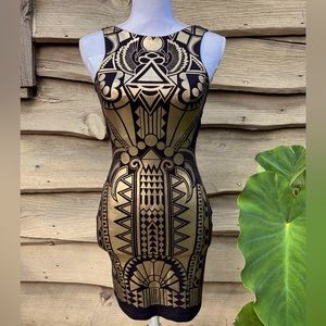 River Island (ASOS) black and metallic gold art deco body con dress